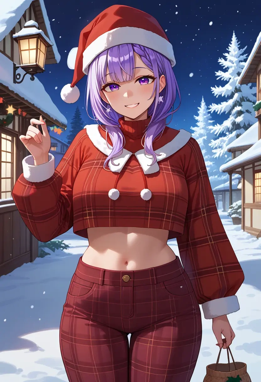 hololive,nekomata_okayu_(1st_costume),Christmas,plaid trousers  - 