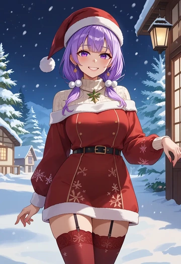 hololive,nekomata_okayu_(1st_costume),Christmas,sweater dress,stockings  - AI generated anime art