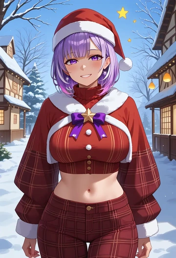 hololive,nekomata_okayu_(1st_costume),Christmas,plaid trousers  - AI generated anime art