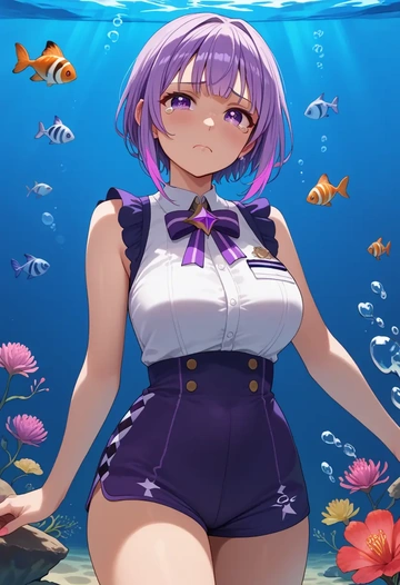 hololive,nekomata_okayu_(1st_costume),sleeveless swim top,shorts-style bottom,contrast stitching  - AI generated anime art