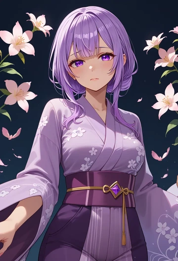 hololive,nekomata_okayu_(1st_costume),kimono,silk,wide-leg trousers  - AI generated anime art