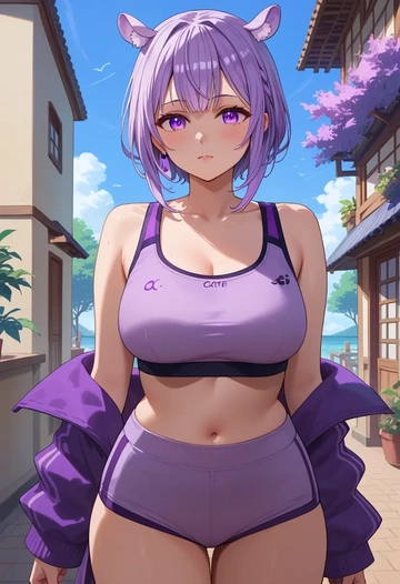 hololive,nekomata_okayu_(1st_costume),sports bra,wide-leg joggers  - AI generated anime art