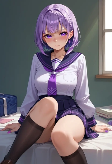 hololive,nekomata_okayu,jk uniform, stockings  - AI generated anime art