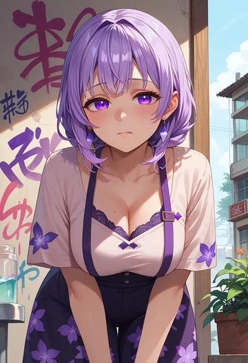 hololive,nekomata_okayu,floral graffiti blouse,dolphin shorts  - AI generated anime art