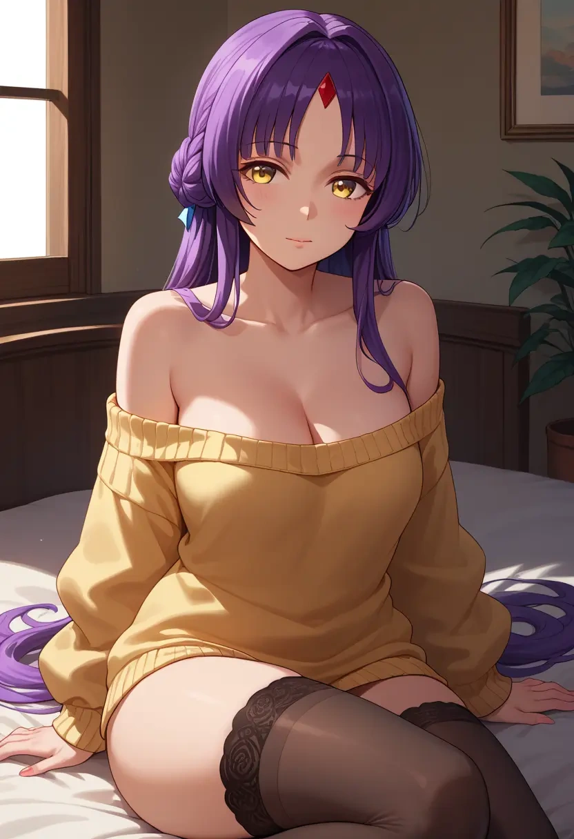 gegege_no_kitarou,nekomusume,cross-legged,Head resting on hand,off-shoulder,sweater  - 