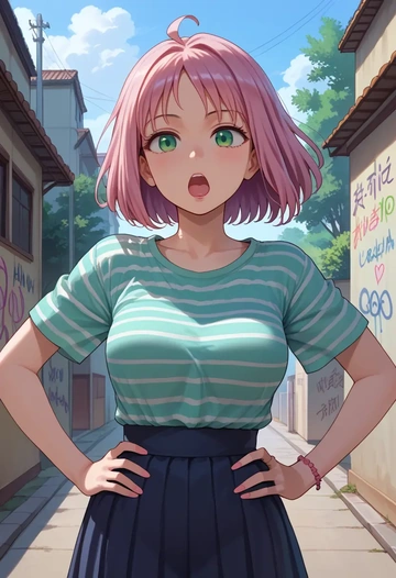 watashi_ga_motenai_no_wa_dou_kangaetemo_omaera_ga_warui,nemoto_hina,striped graffiti blouse,dolphin shorts  - AI generated anime art