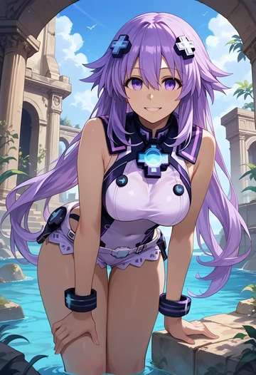 neptune_(series),nepgear,sleeveless swim top,shorts-style bottom,contrast stitching  - AI generated anime art