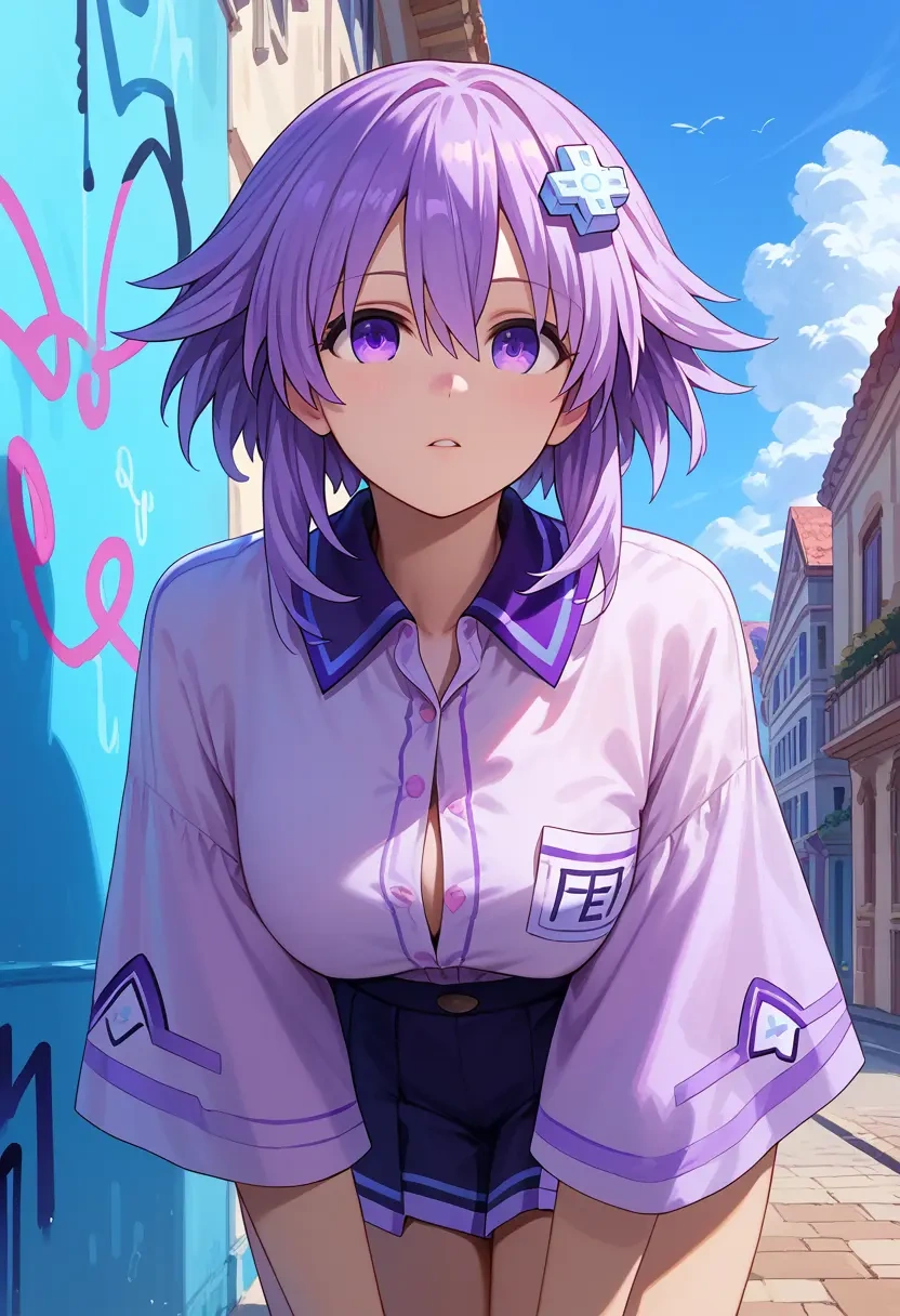 neptune_(series),neptune_(neptunia),oversized graffiti shirt,dolphin shorts  - 