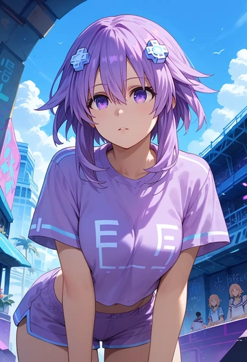 neptune_(series),neptune_(neptunia),crop graffiti tee,dolphin shorts  - AI generated anime art