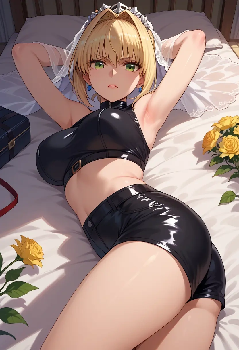 fate_(series),nero_claudius_(bride)_(fate),leather,shorts,crop top  - 