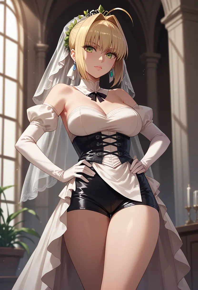 fate_(series),nero_claudius_(bride)_(fate),leather,shorts  - 