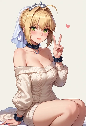 fate_(series),nero_claudius_(bride)_(fate),blushing,collar,peace sign,off-shoulder,sweater  - AI generated anime art