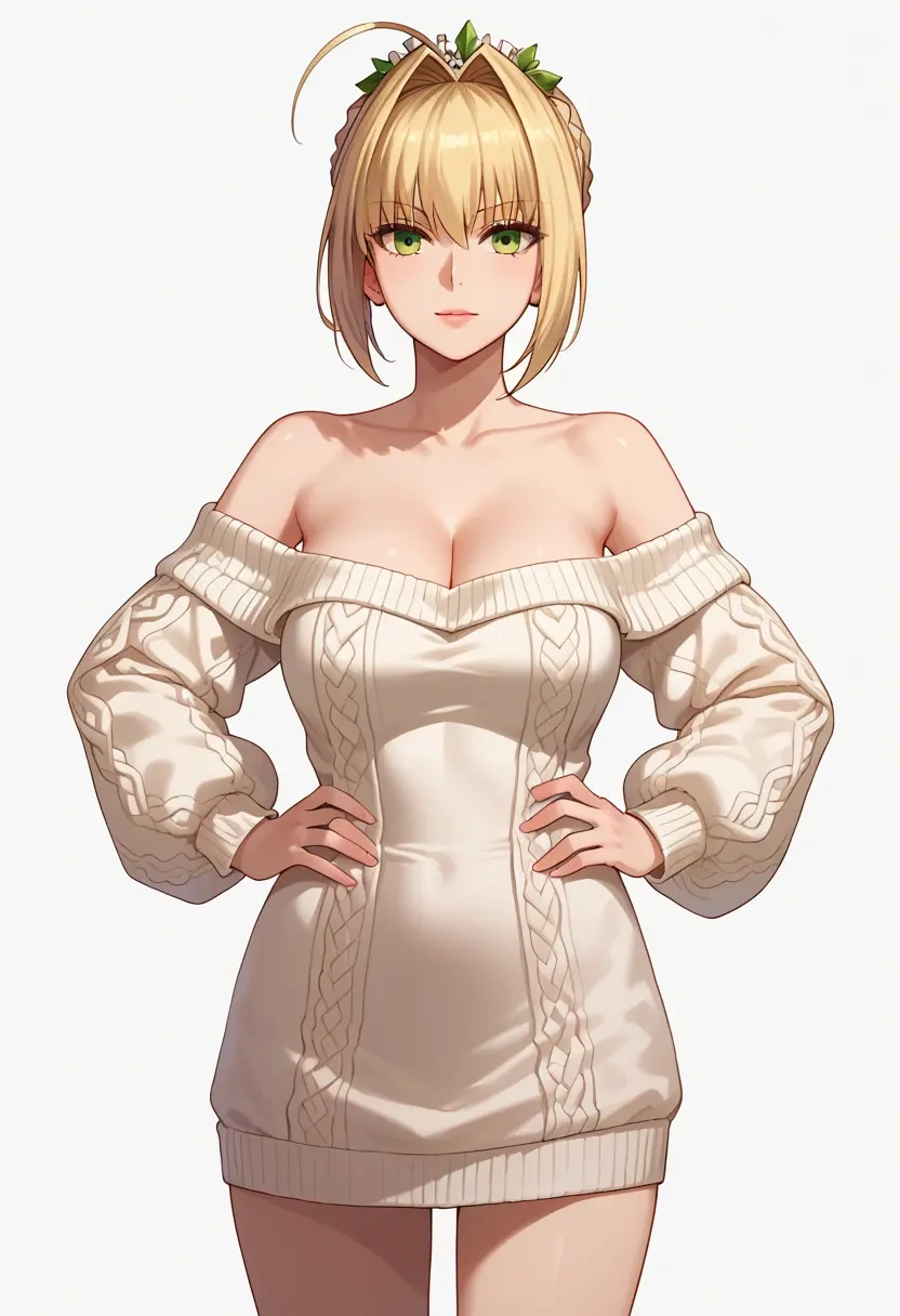 fate_(series),nero_claudius_(bride)_(fate),Hands on hips,off-shoulder,sweater  - 