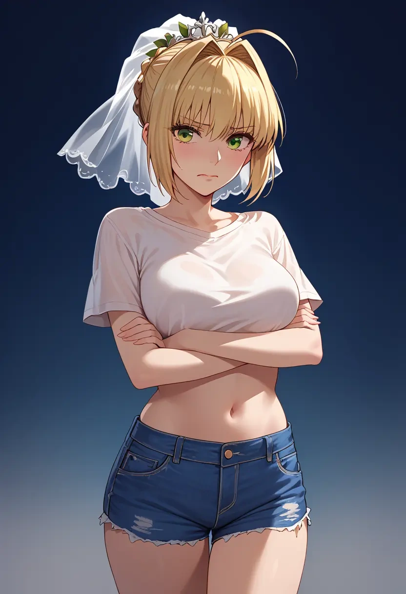 fate_(series),nero_claudius_(bride)_(fate),denim shorts  - 