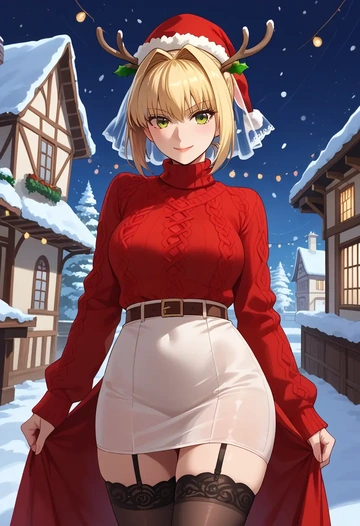 fate_(series),nero_claudius_(bride)_(fate),sweater,stockings,Thigh garters  - AI generated anime art