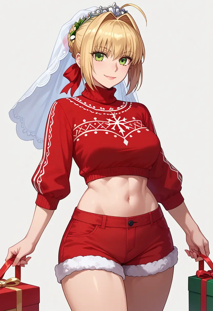 fate_(series),nero_claudius_(bride)_(fate),Christmas,red velvet shorts,turtleneck sweater  - 