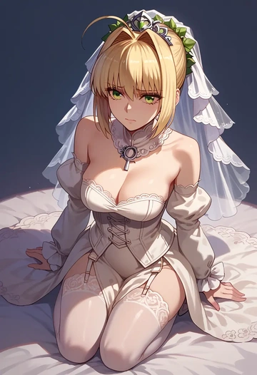 fate_(series),nero_claudius_(bride)_(fate),witch blouse,asymmetrical skirt,striped stockings  - AI generated anime art