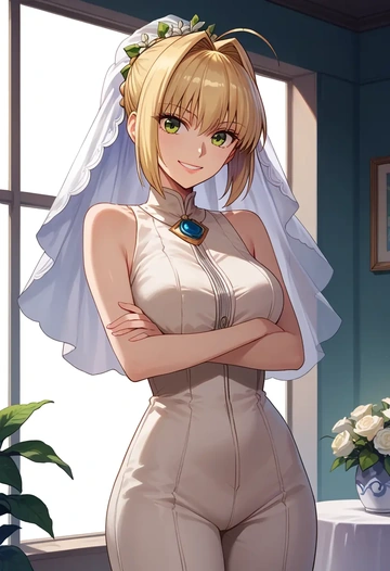 fate_(series),nero_claudius_(bride)_(fate),jumpsuit,sleeveless,flare pants  - AI generated anime art