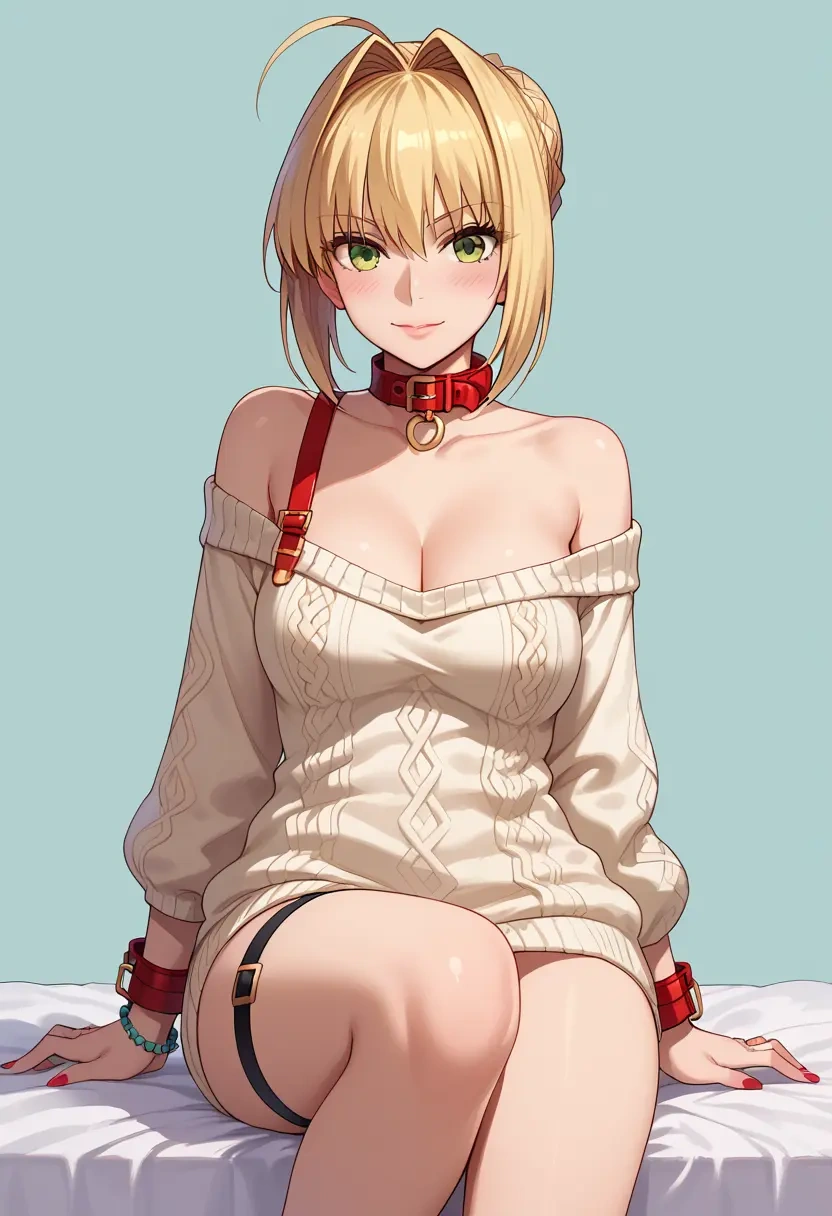 fate_(series),nero_claudius_(fate),blushing,collar,peace sign,off-shoulder,sweater  - 