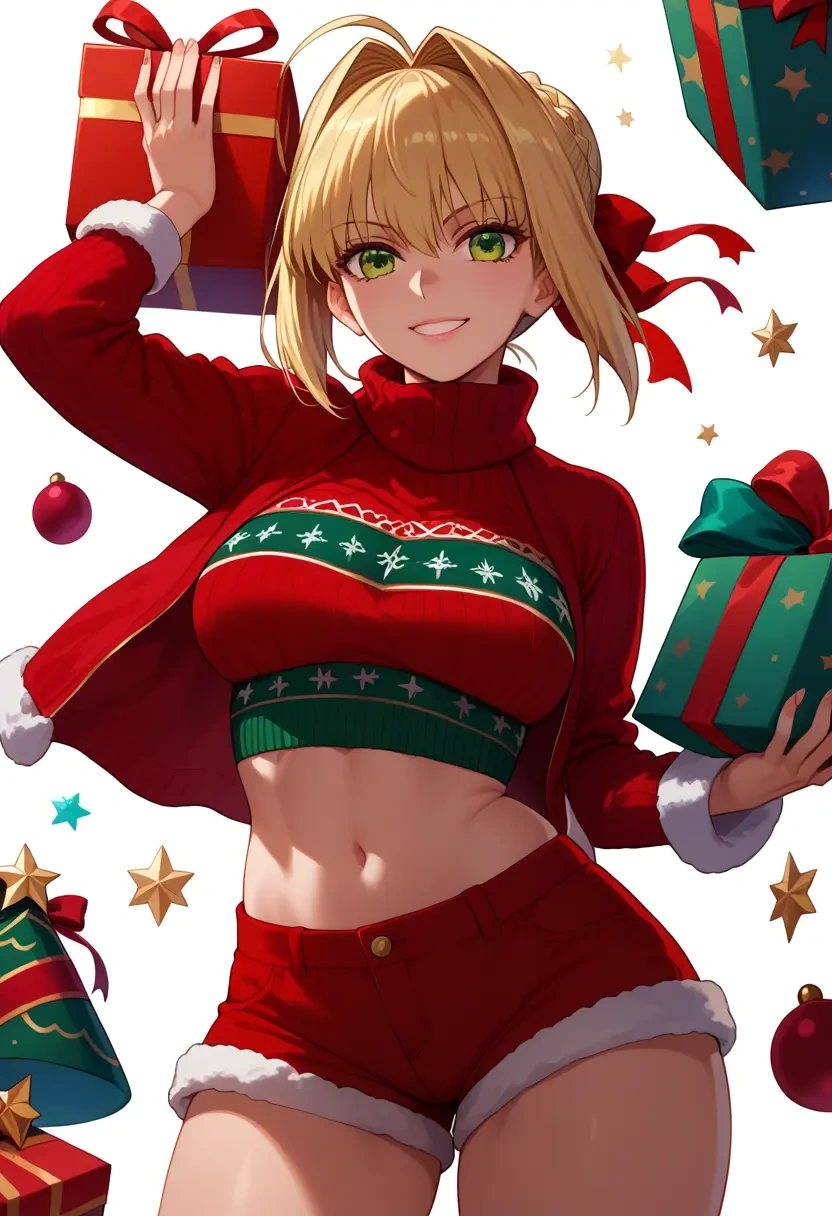 fate_(series),nero_claudius_(fate),Christmas,red velvet shorts,turtleneck sweater  - 