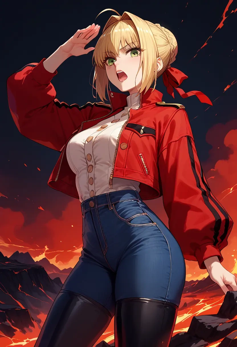 fate_(series),nero_claudius_(fate),denim jacket,cropped,leather leggings  - 