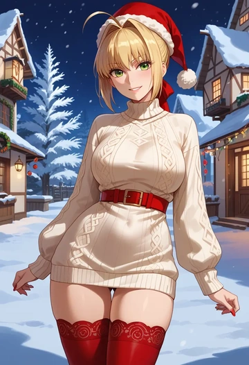 fate_(series),nero_claudius_(swimsuit_caster)_(fate),Christmas,sweater dress,stockings  - AI generated anime art