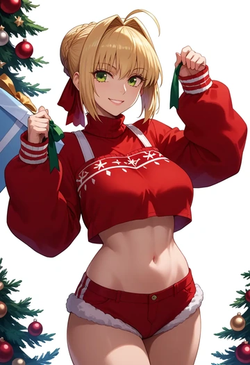 fate_(series),nero_claudius_(swimsuit_caster)_(fate),Christmas,red velvet shorts,turtleneck sweater  - AI generated anime art