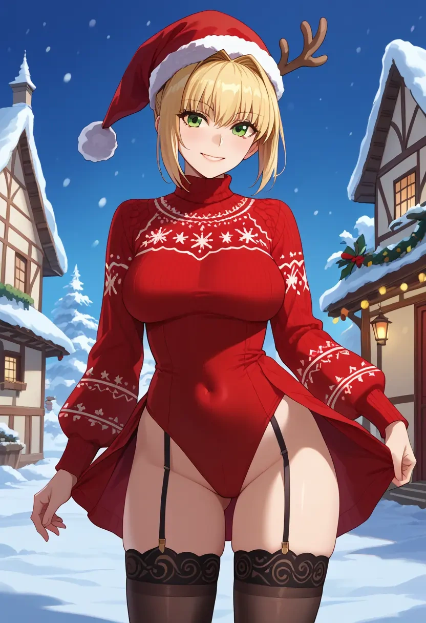 fate_(series),nero_claudius_(swimsuit_caster)_(fate),sweater,stockings,Thigh garters  - 