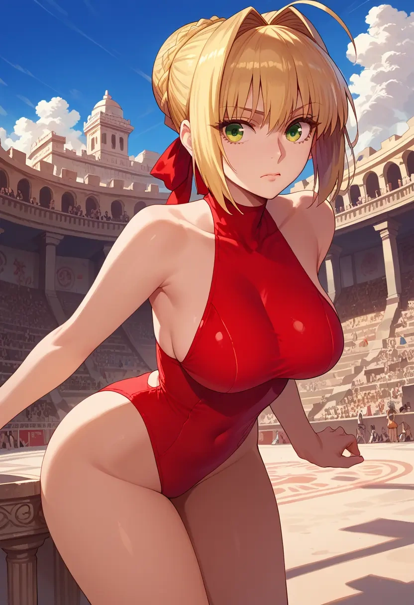 fate_(series),nero_claudius_(swimsuit_caster)_(fate),patchwork graffiti top,dolphin shorts  - 