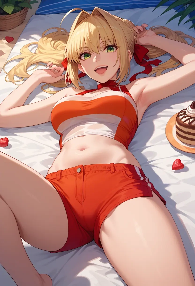 fate_(series),nero_claudius_(swimsuit_caster)_(fate),sleeveless swim top,shorts-style bottom,contrast stitching  - 