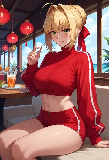 fate_(series),nero_claudius_(swimsuit_caster)_(fate),red velvet shorts  - AI generated anime art