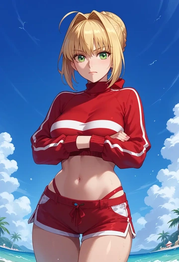 fate_(series),nero_claudius_(swimsuit_caster)_(fate),red velvet shorts  - AI generated anime art