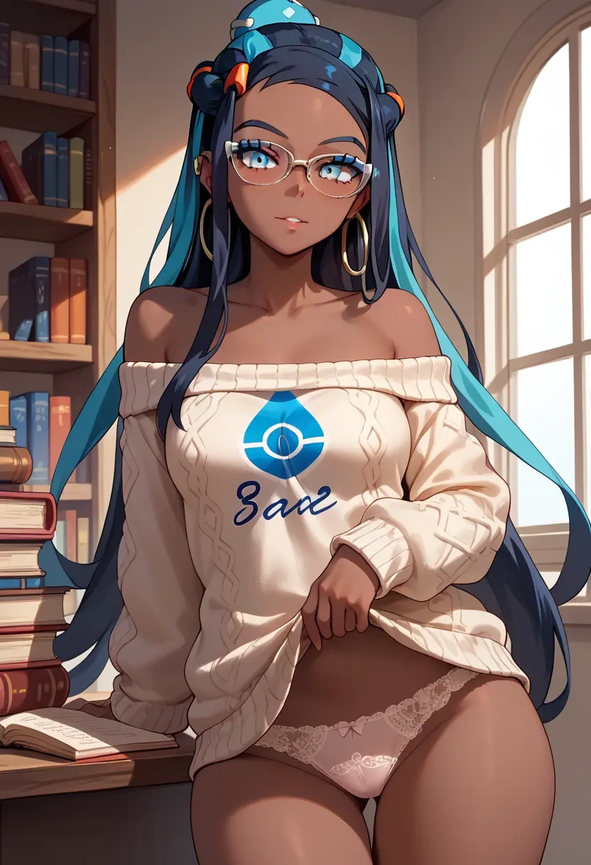 pokemon,nessa_(pokemon),off-shoulder,panties,glasses,sweater  - 