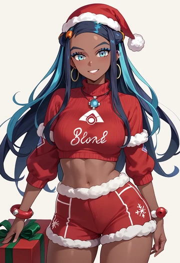 pokemon,nessa_(pokemon),Christmas,red velvet shorts,turtleneck sweater  - AI generated anime art