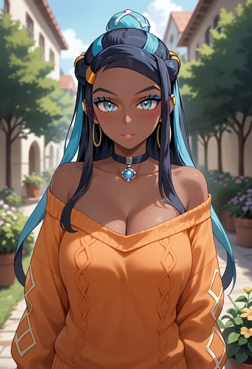 pokemon,nessa_(pokemon),orange,sweater,choker  - AI generated anime art