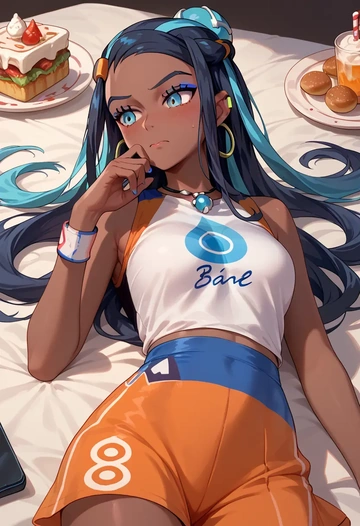 pokemon,nessa_(pokemon),calligraphy print shirt,dolphin shorts  - AI generated anime art