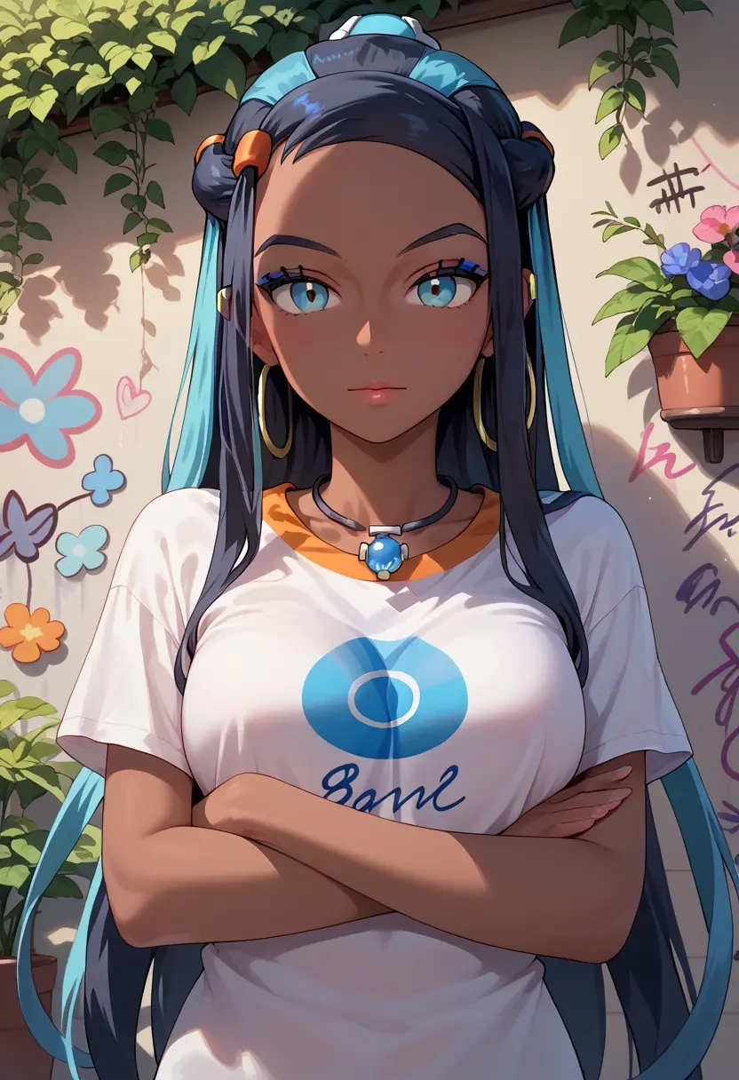 pokemon,nessa_(pokemon),oversized graffiti shirt,dolphin shorts  - 