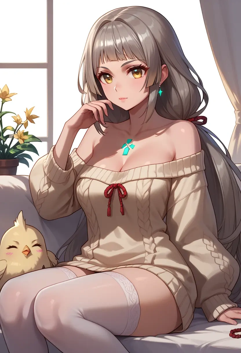 xenoblade_chronicles_(series),nia_(blade)_(xenoblade),cross-legged,Head resting on hand,off-shoulder,sweater  - 