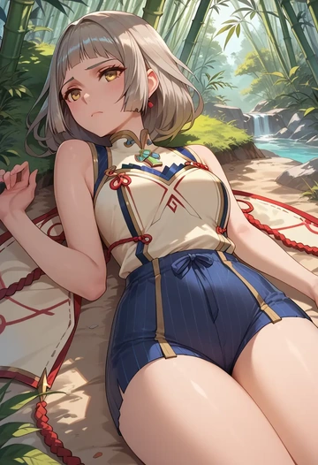 xenoblade_chronicles_(series),nia_(blade)_(xenoblade),sleeveless swim top,shorts-style bottom,contrast stitching  - AI generated anime art