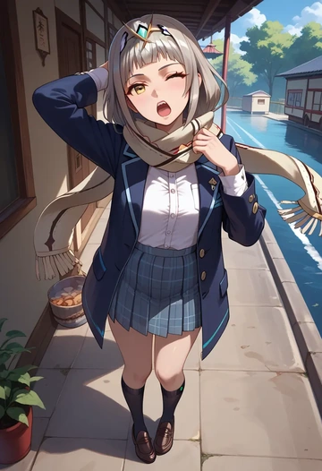 xenoblade_chronicles_(series),nia_(blade)_(xenoblade),winter,student uniform,plaid skirt  - AI generated anime art