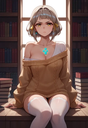 xenoblade_chronicles_(series),nia_(xenoblade),Pouting,off-shoulder,sweater,stockings  - AI generated anime art