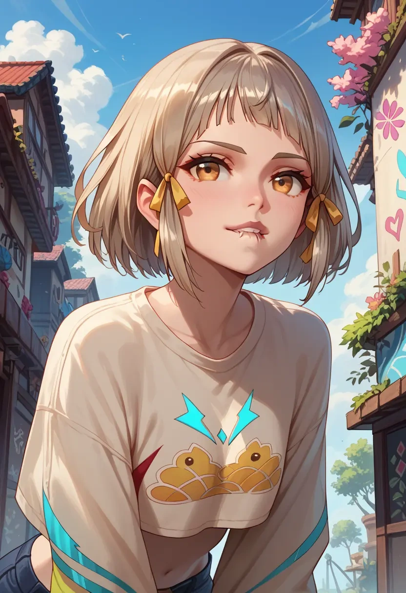 xenoblade_chronicles_(series),nia_(xenoblade),cropped graffiti sweatshirt,dolphin shorts  - 