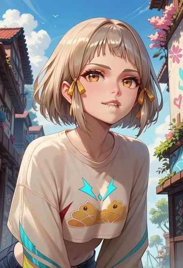 xenoblade_chronicles_(series),nia_(xenoblade),cropped graffiti sweatshirt,dolphin shorts  - AI generated anime art