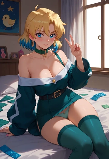 tengen_toppa_gurren_lagann,nia_teppelin,blushing,collar, peace sign, condom,mini skirt,Thigh garters  - AI generated anime art