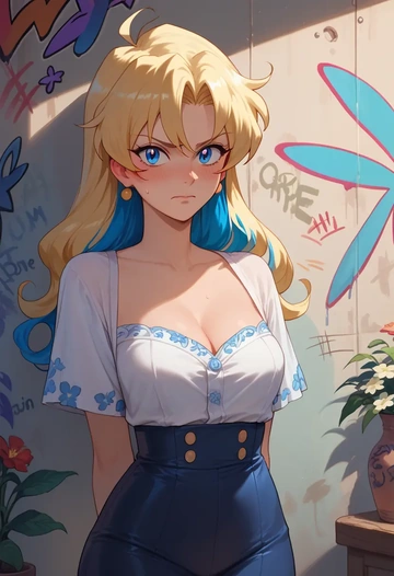 tengen_toppa_gurren_lagann,nia_teppelin,floral graffiti blouse,dolphin shorts  - AI generated anime art