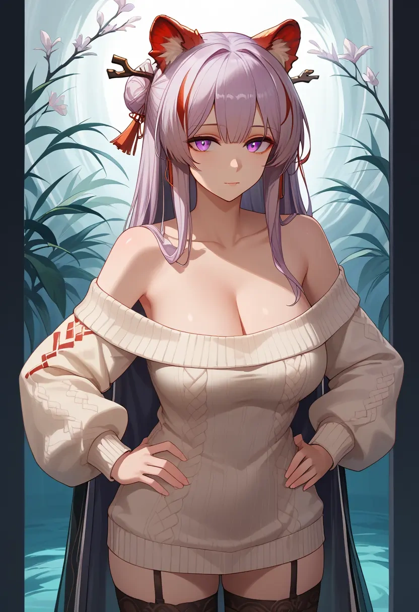 arknights,nian_(arknights),Hands on hips,off-shoulder,sweater,stockings  - 