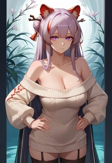 arknights,nian_(arknights),Hands on hips,off-shoulder,sweater,stockings  - AI generated anime art