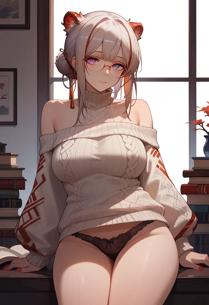 arknights,nian_(arknights),off-shoulder,panties,glasses,sweater  - 