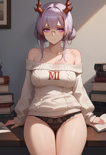 arknights,nian_(arknights),sweater,panties,off-shoulder,glasses,sexy  - AI generated anime art