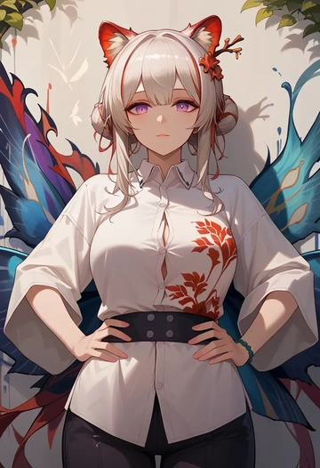 arknights,nian_(arknights),oversized graffiti shirt,dolphin shorts  - AI generated anime art